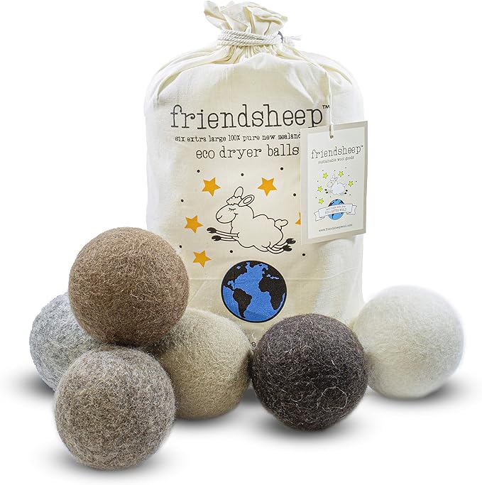 Friendsheep Wool Dryer Balls, Organic Reusable Fabric Softener Alternative for Laundry, Handmade, Fair Trade, Hypoallergenic, Eco-Friendly, Plastic-Free (6 Pack XL - Natural Mystic)