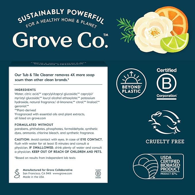 Grove Co. Tub and Tile Cleaner Refill Concentrate (2 x 1 Fl Oz) + 1 x Reusable Glass Spray Bottle (16 Oz) Plant-Based Cleaning Supplies Bundle, No Plastic Waste, 100% Natural Orange & Rosemary Scent