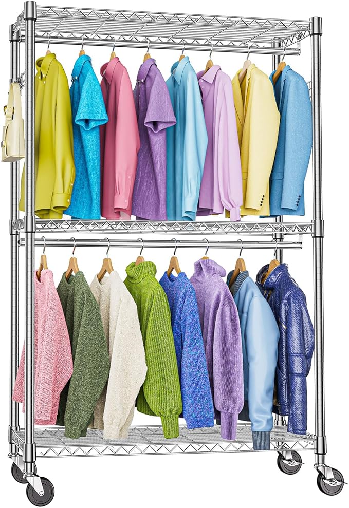 Heavy Duty Rolling Garment Rack 3 Tiers Adjustable Wire Shelving Clothes Rack with 2 Rods and Side Hooks,Storage Closet Clothing Rack with Wheels Chrome 15.7" D x 45.3" W x 79.6" H
