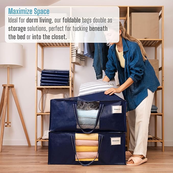 VENO 8 Pack Moving Bags Extra Large Storage Bags for College Move-In, Heavy-Duty Storage Totes, Packing Boxes, and Wardrobe Moving Supplies - Durable Laundry Bags for Clothes (Blue w/Window, 8 Pack)