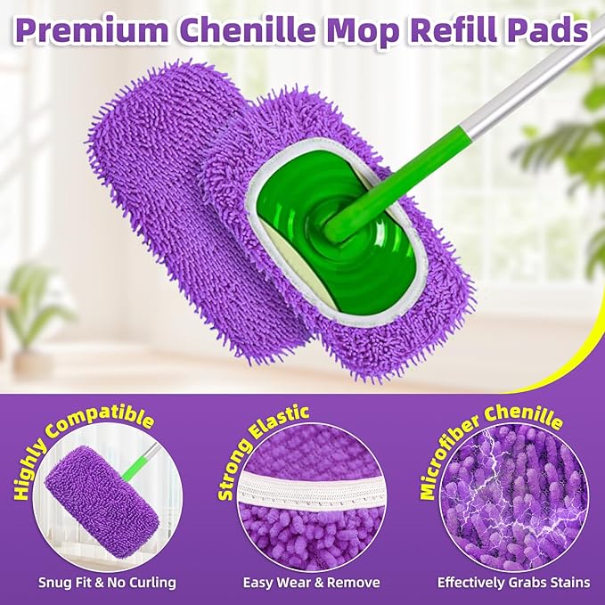 Reusable Mop Pads Compatible with Swiffer Sweeper Mop - Microfiber Dry Sweeping Cloths & Washable Wet Pads Refill Chenille Wet Mopping Cloths for Use on All Sealed Floors Cleaning(Mop is not Included)