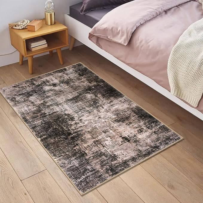 IOHOUZE Small Abstract Area Rug 2x3 Ft Entryway Rugs Washable Door Mat Indoor Entrance, Rubber Backed Throw Rugs, Printed Faux Wool Non Slip Floor Carpet for Foyer Front Door Sink, Brown/Rust