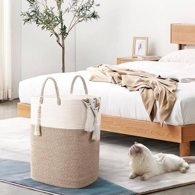 65L Woven Laundry Basket for Clothes, Large Rectangle Laundry Hampers with Beads Tassel, Nursery Storage Basket for Toys, Tall Dirty Clothes Hamper for Bedroom Aesthetic, Laundry Room Organization
