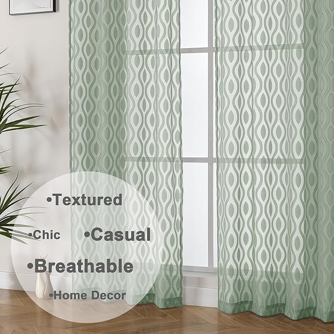 Aiyufeng Sheer Curtains 96 Inches Long for Bedroom and Living Room, 2 Panels, Farmhouse Wavy Line Light Filtering Clip Jacquard Solid, Rod Pocket, Sage Green, 40"Wx96"L