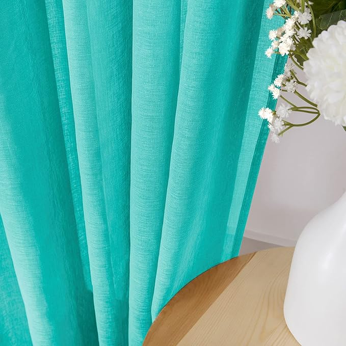 Tollpiz Sheer Curtains Linen Textured Living Room Curtain Sheers Light Filtering Rod Pocket Voile Curtains for Bedroom, 42 x 63 inches Long, Aqua Blue, Set of 2 Panels