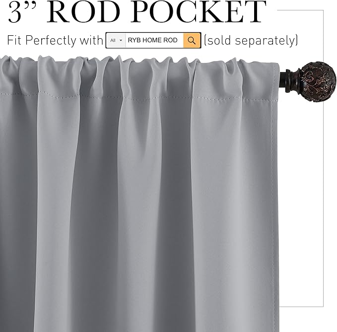 RYB HOME Blackout Curtains for Small Window, Thermal Insulated Kitchen Curtains and Drapes Rod Pocket Room Darkening Shades for Studio Dorm Loft, Silver Grey, W42 x L63 inch, 2 Panels