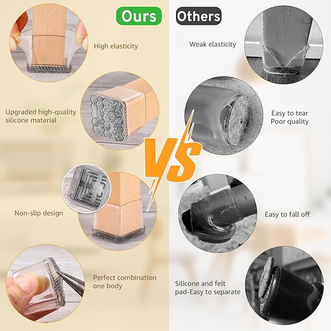 24PCS Extra Small Chair Leg Floor Protectors, Furniture Sliders, Chair Leg Protectors for Hardwood Floors, Non-Slip Felt Furniture Pads, Square Silicone Cap Covers to Protect Floors(Fit 0.5" - 0.75")