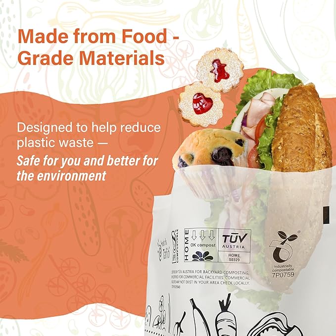 Compostable Food Storage Bags, Resealable Quart Bags, 30 Count, 7 x 7.4 inches, Extra Thick and Reusable, Eco-Friendly, Certified US BPI ASTM D6400 Europe OK Compost