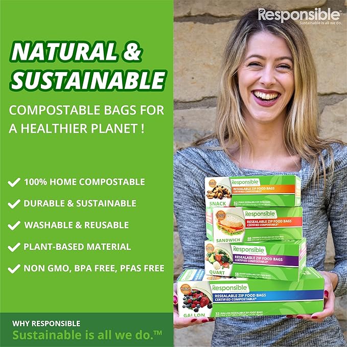 Responsible Products Certified Compostable SANDWICH Resealable Zip Bag, Extra Strength Food Bags, Plant-Based Freezer-Safe (68 Pack)