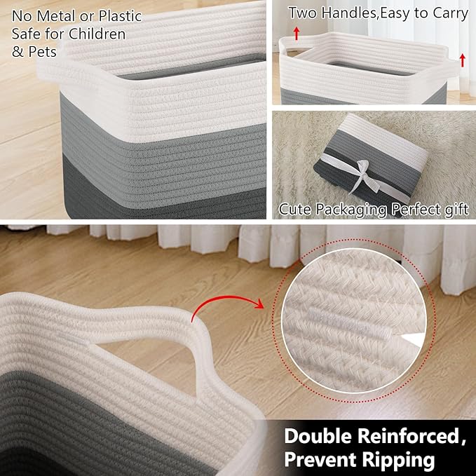 OIAHOMY Storage Basket, Woven Baskets for Storage, Cotton Rope Basket for toys,Towel Baskets for Bathroom - Pack of 3, Gradient Dark Gray
