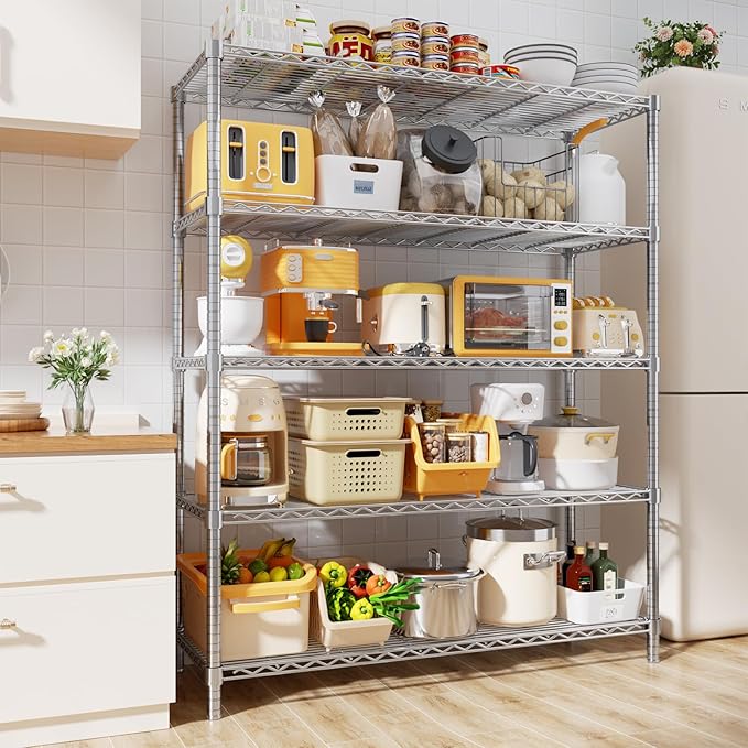 Storage Shelves, 48" L x 20" W x 72" H Heavy Duty Garage Wire Shelving Unit Loads 2000LBS, 5-Tier Adjustable Metal Industrial Utility Shelf Rack for Kitchen, Laundry Room, Basement