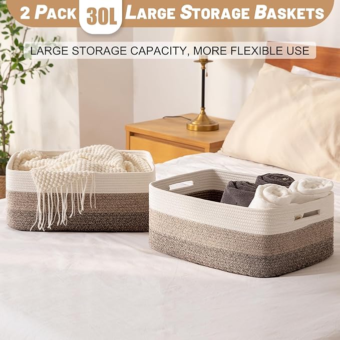 Large Storage Basket for Organizing, Woven Rope Basket for Shelves, Closet Organizer Bins for Clothes, Blanket, Toys, Baby Nursery Storage, 17.7" x 13" x 7.87", 2 Packs Yellow