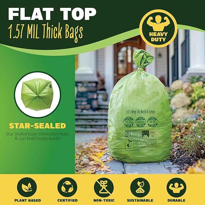 50-55 Gallon Compost Bags, Heavy Duty Compostable Trash Bags, 1.57 Mil Extra Thick Biodegradable Yard Waste Bags, Compostable Lawn Bags, Large Compost Leaf Bags BPI & ASTM D6400 Certified