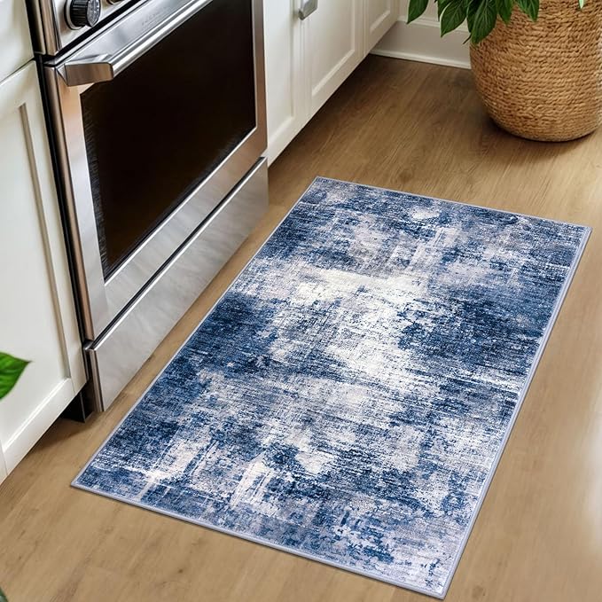IOHOUZE Small Abstract Area Rug 2x3 Ft Entryway Rugs Washable Door Mat Indoor Entrance, Rubber Backed Throw Rugs, Printed Faux Wool Non Slip Floor Carpet for Foyer Front Door Sink, Navy/Grey