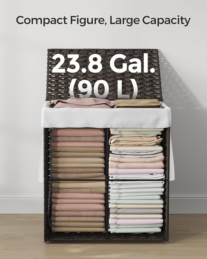 SONGMICS Laundry Hamper with Lid, 23.8 Gallon (90 L) Synthetic Rattan Clothes Laundry Basket with Lid and Handles, Foldable, Removable Liner, Chestnut Brown ULCB051K02