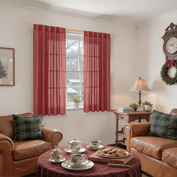 YoungsTex Red Linen Curtains 54 Inch Length for Kitchen, Light Filtering Semi Sheer Small Window Drapes Rod Pocket Back Tab for Christmas Living Room Cafe, 2 Panels, 42 X 54 Inch