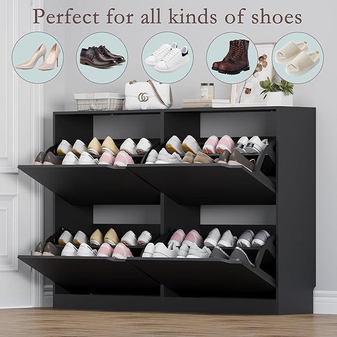 Shoe Cabinet with 4 Flip Drawers, Narrow Hidden Shoe Storage Cabinet, Slim Freestanding Shoe Rack Organizer for Entryway, Hallway, Bedroom, Living Room