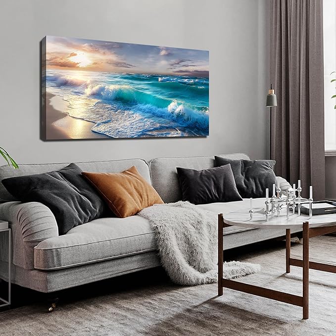 GUGIKA Ocean Wall Art for Living Room, Blue Wave and Large Coastal Beach Canvas Wall-Decor for Bedroom, Gold Sun Scenery Pictures for Hallway Office, Size 48 x 24 Inches