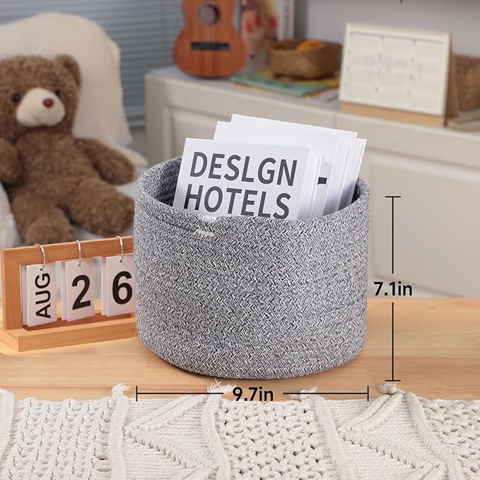 Small Basket for Organizing | Cube Shelf Closet Storage Baskets | 9.7×9.7×7.1” | Woven Rope Gift Basket | Nursery | Round 3 Packs Mixed Grey