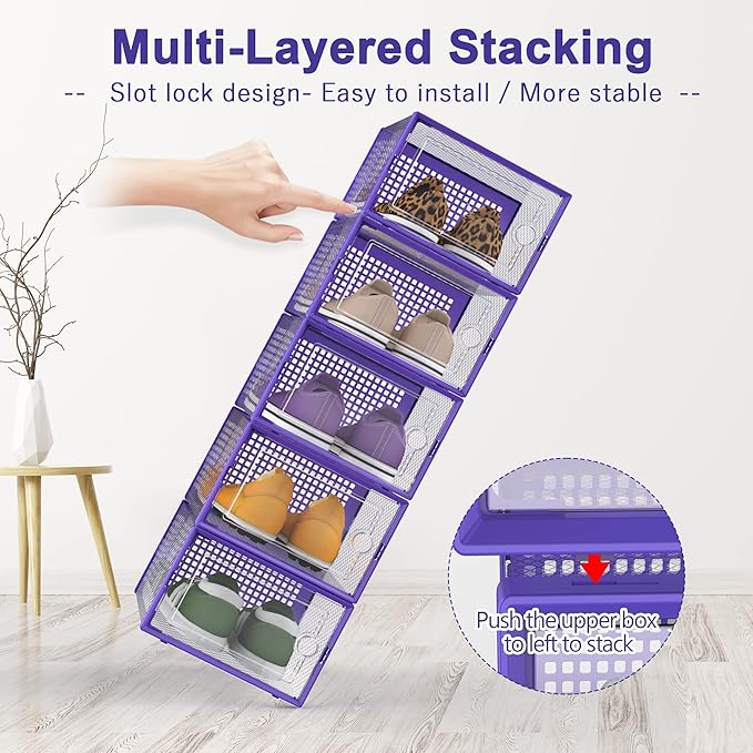 Kuject Shoe Organizers Storage Boxes for Closet, 12 Pack Clear Plastic Stackable Storage Bins with Lids, Under Bed Shoe Containers for Entryway, Drop Front, Fit up to Women's Size 10,Purple