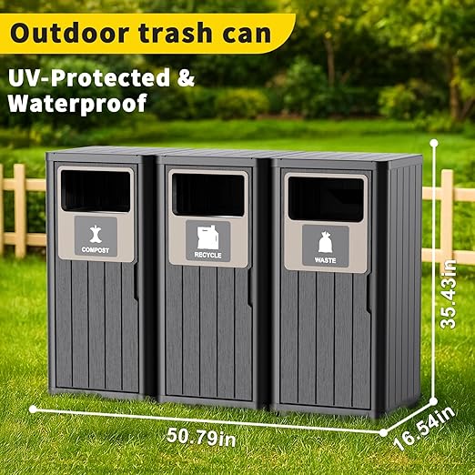 ROJIK 35" Tall Outdoor Trash Can,Weatherproof Resin Garbage Indoor Durable Lightweight,Suitable for Patio Office Kitchen,Easy to Clean,Assemble(Waste&Recycle&Composter, Black)