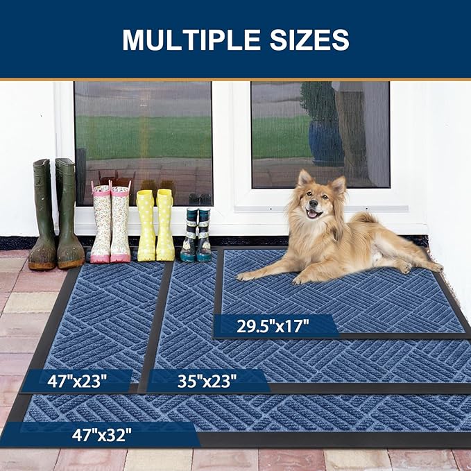 Smiry Front Door Mat Outside Entrance, Heavy Duty Outdoor Indoor Natural Rubber Doormat, Non Slip, Trap Dirt and Moisture, Easy Clean, Low Profile Patio Porch Entryway Mat, 35x23, Blue
