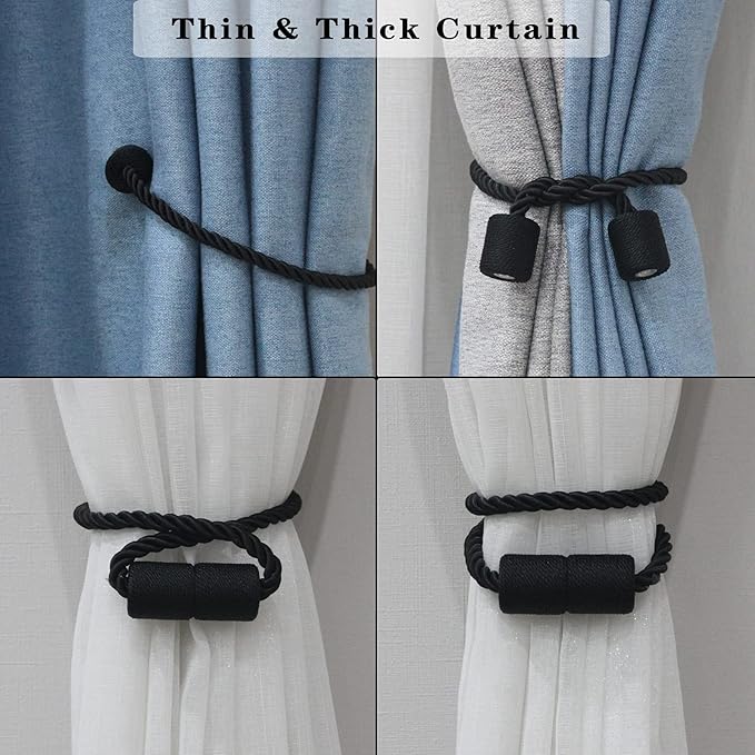 4 Pack Strong Magnetic Curtain Tiebacks Outdoor Elegant Decorative Tie Backs Modern Rope Tiebacks for Drapes Window Curtain Holdbacks for Draperies- Black