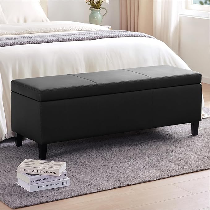 HUIMO Faux Leather Storage Ottoman Bench 50.3 Inch Extra Long PU Upholstered Bedroom Bench with Large Storage Space for The Living Room, Entryway, Bedroom Hold Up to 300lbs (Black)