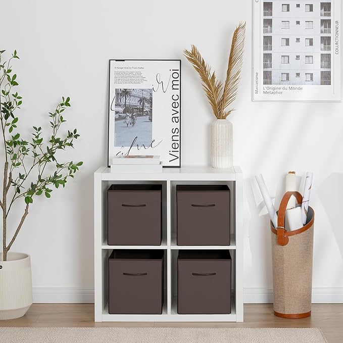 StorageWorks Brown Storage Cubes, 11 Inch Cube Storage Bins with Handle, Cube Storage Organizer Bins for Shelves and Closet, Collapsible Storage Bins, 4-Pack