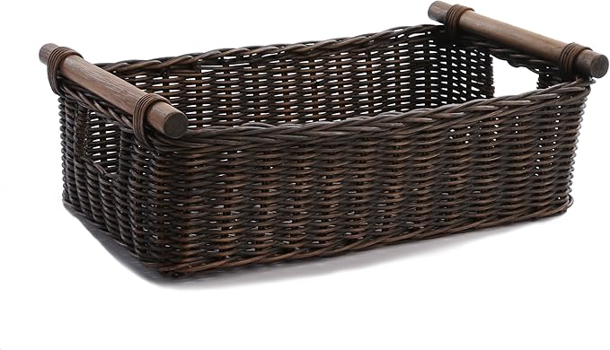 The Basket Lady Low Pole Handle Wicker Storage Basket, Small, 15 in L x 9 in W x 5 in H, Antique Walnut Brown