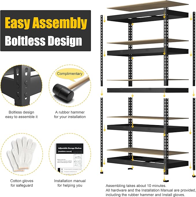 PrimeZone 48" x 24" x 72" Heavy Duty Storage Shelves, 5 Tier Adjustable Garage Storage Shelving, Metal Storage Utility Rack Shelf Unit for Warehouse Pantry Closet Kitchen, Black, 10 Pack