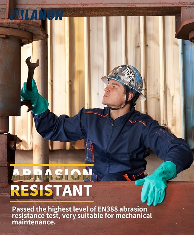 LANON 3 Pairs Nitrile Chemical Resistant Gloves, Reusable Heavy-Duty Rubber Gloves, Acid, Alkali & Oil Protection, Non-Slip, XL