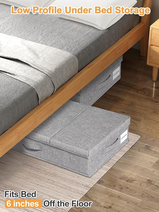 punemi Under Bed Storage With Lids, 2 Pack Large Underbed Storage Containers Clothes W/ 3 Handles, Foldable Low Profile Stackable Drawer Organizer Bins Box for Blanket Shoe Bedroom, 31.1*15.7*6inch