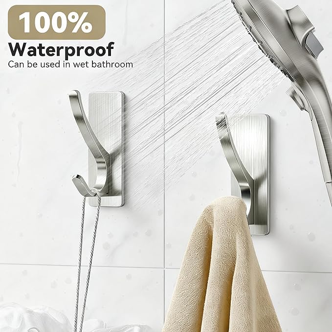 Self Adhesive Coat Hooks for Hanging: Heavy Duty Stainless Wall Hook for Towel, Backpack, Hat, Sturdy Metal Hanger for Bathroom, Bedroom, Door, Brushed Nickel 10 Pack