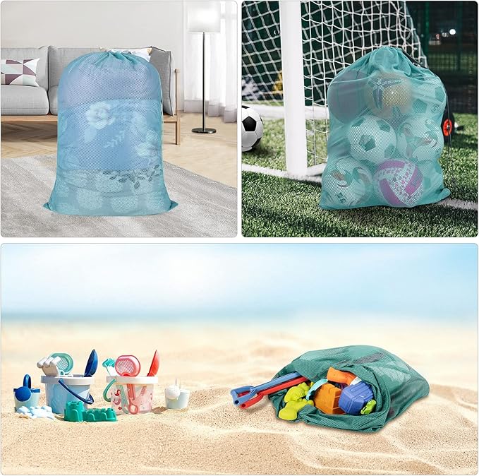 Polecasa Heavy Duty Large Mesh Laundry Bags with ID Tag and Locking Drawstring Closure - 2 Pack, 24 x 36 inches - Laundry Hamper Liner, Washable Laundry Bag for Travel, Sports, Dorms (Aqua)