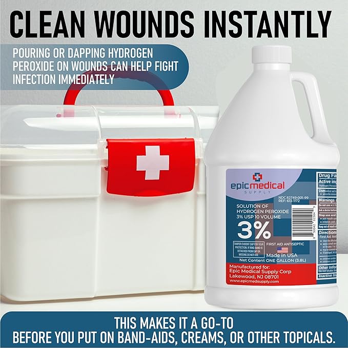 3% Hydrogen Peroxide - First Aid Antiseptic & Multipurpose Cleaner - Topical Wash for Cuts, Scrapes and Minor Cuts - H2O2 Hydrogen Peroxide 3 Percent USP Solution (4 Gallon)