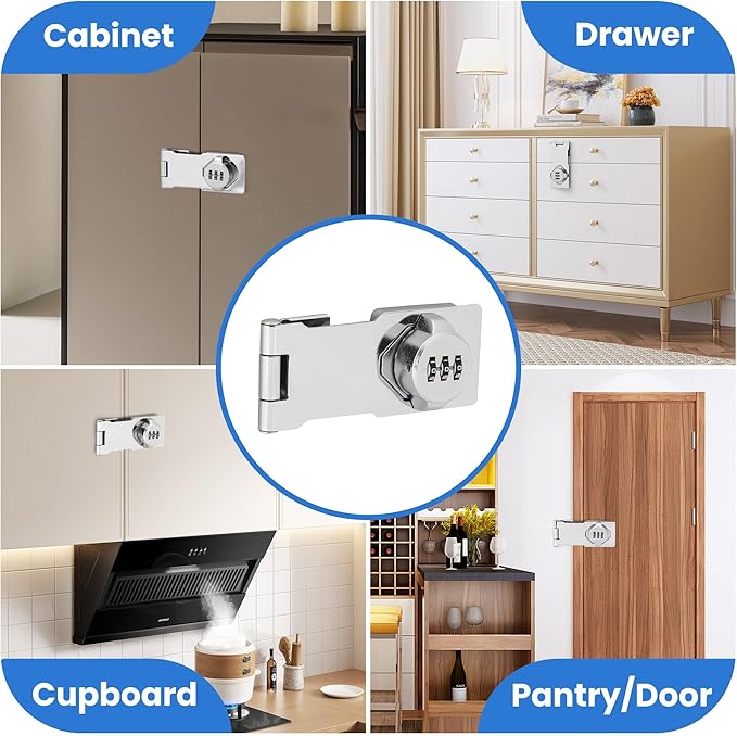 Keyless Cabinet Lock with Combination Code - 3-Digit Password Hasp Latch Lock for Drawers, Bifold Closet Door and Double Sided Door (Silver, 4.5 Inch)