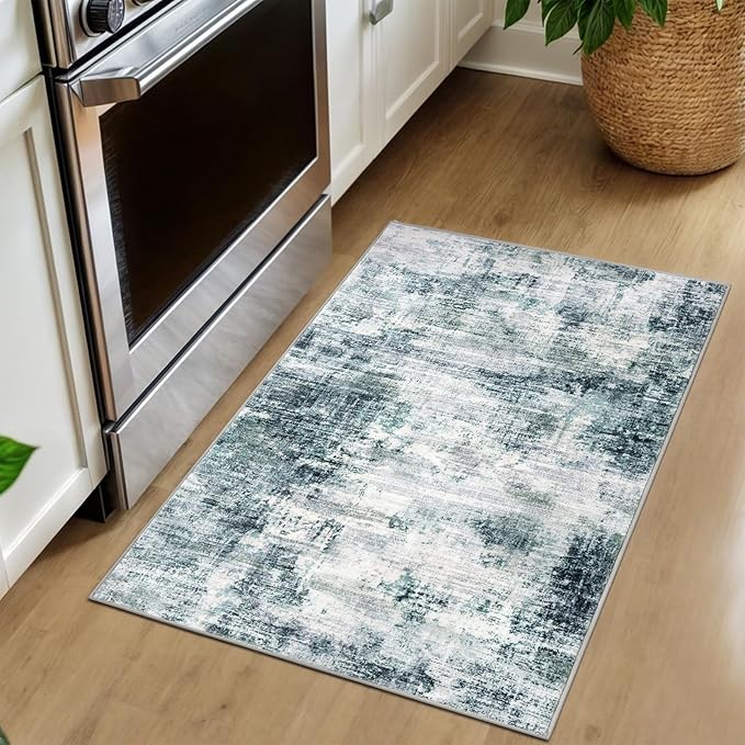 IOHOUZE Small Abstract Area Rug 2x3 Ft Entryway Rugs Washable Door Mat Indoor Entrance, Rubber Backed Throw Rugs, Printed Faux Wool Non Slip Floor Carpet for Foyer Front Door Sink, Sage Grey