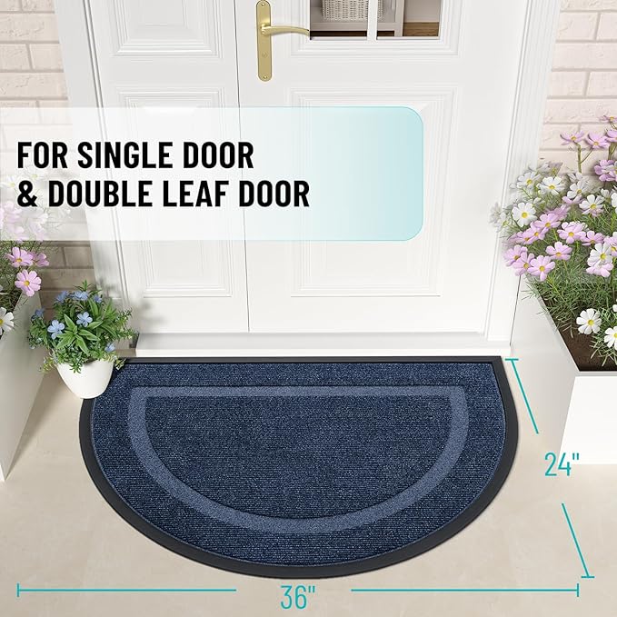 OLANLY Half Circle Door Mat Indoor Outdoor Entrance Welcome, Waterproof All-Season, All-Weather Doormat, Sturdy Natural Rubber, Low Profile, Easy Clean Patio Porch Entryway Mat, 36x24, Blue