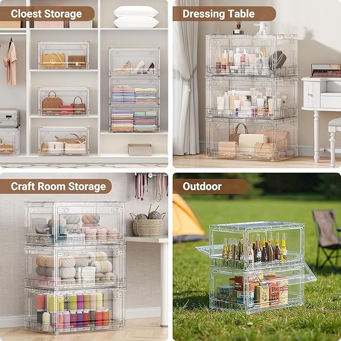 BROVIEW Clear Stackable Storage Bins Drawers, Open Front Large Plastic Storage Bins with Lids, Foldable Closet Organizers and Storage for Wardrobe Cabinets, Pantry, Makeup,3 Pack