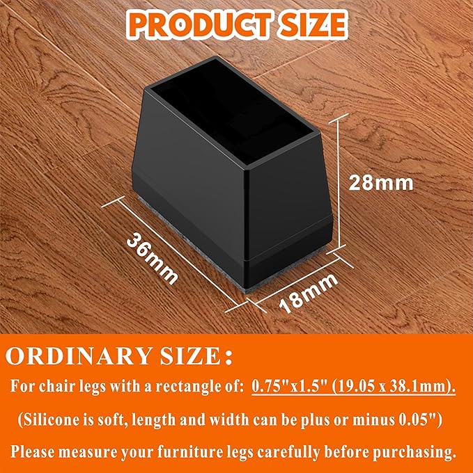 Rectangle Chair Leg Protectors for Hardwood Floors,16 PCS Silicone Covers to Protect Wood Tile Floors Felt Pads Furniture Leg Caps Reduce Noise. Easy to Move.(Black,0.75 x 1.5 Inch,Rectangle)