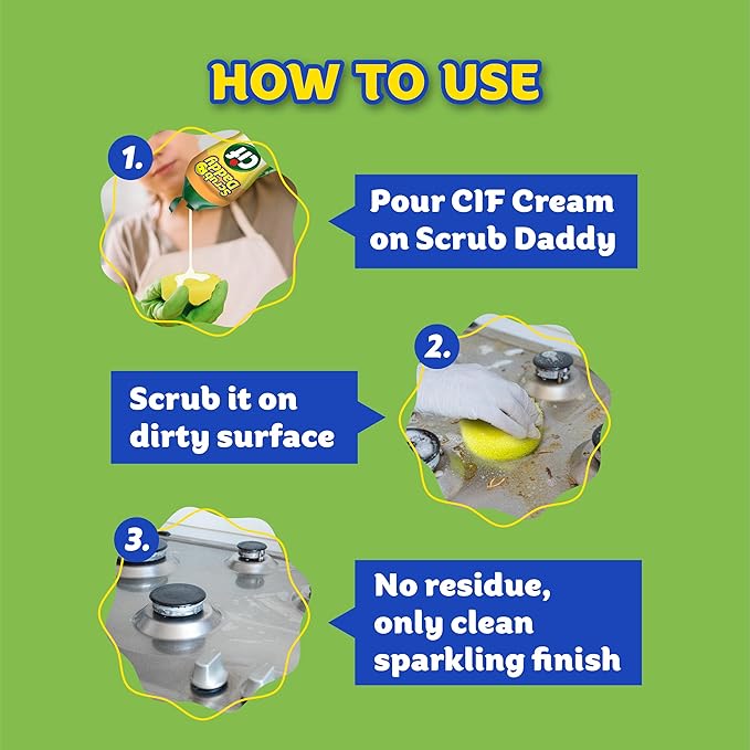 Scrub Daddy + 2x Cif All Purpose Cleaning Cream, Lemon - Multi Surface Household Cleaning Cream Scratch-Free Multipurpose Dish Sponge