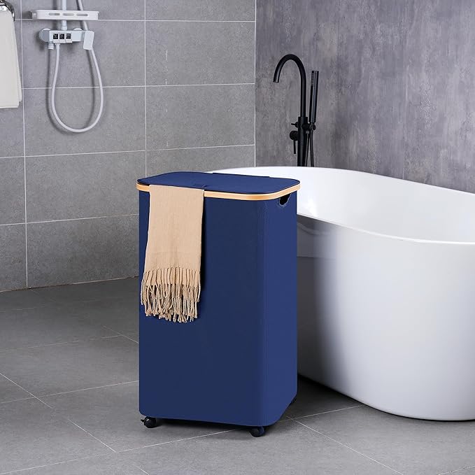 efluky Laundry Basket with Wheels, Tall Rolling Laundry Hamper with Lid and Removable Bag, Aesthetic Dirty Clothes Hamper on Wheels for Laundry Room, Bedroom, Dorm and Bathroom, 100L Blue