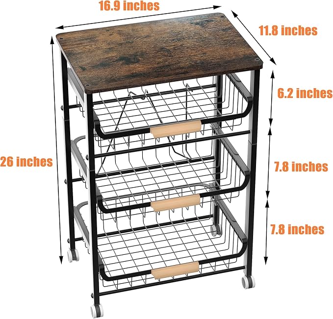 4-Layer Fruit Basket Kitchen Food Organizer and Rack, Stackable Storage Cart with Desktop, Pull-Out Hollow Metal Basket, Sliding Out Storage (Black 4-Layer Rack)