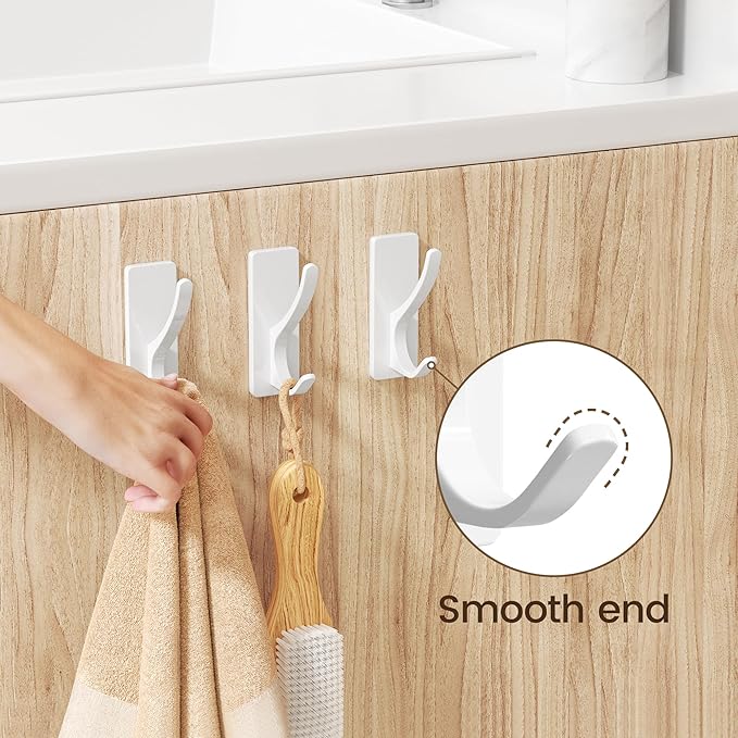 Self Adhesive Coat Hooks for Hanging, Heavy Duty Stainless Double Wall Hook for Towel, Backpack, Hat, Sturdy Metal Hanger for Bathroom, Bedroom, Door, Wall Mounted, 6 Pack, White