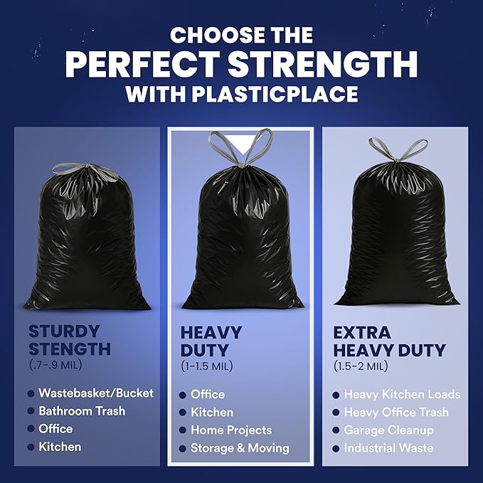 Plasticplace 13 gallon Extra Tall Drawstring Kitchen Trash Bags | Black 1.2 Mil, 24"W x 31"H (200Count)