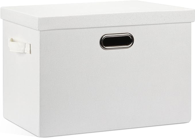 Large 17" 36 Quart Collapsible Stackable Storage Bins with Lids, 1 Pack White Foldable Fabric Closet Storage Boxes with Lids, 4 Handles Heavy-duty Linen Cube Baskets for Bedroom
