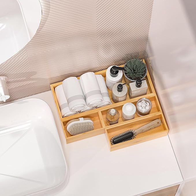 Kitchen Drawer Organizer Bins, Stackable Bamboo Deep Drawer Organizer for Silverware, Utensils, Cutlery, Flatware, Junk Drawer, Dresser, Bathroom, 12" x 3" x 2.5" (Set of 2)
