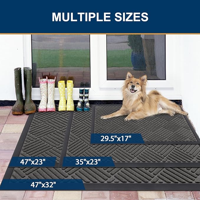 Smiry Front Door Mat Outside Entrance, Heavy Duty Outdoor Indoor Natural Rubber Doormat, Non Slip, Trap Dirt and Moisture, Easy Clean, Low Profile Patio Porch Entryway Mat, 71x47, Grey