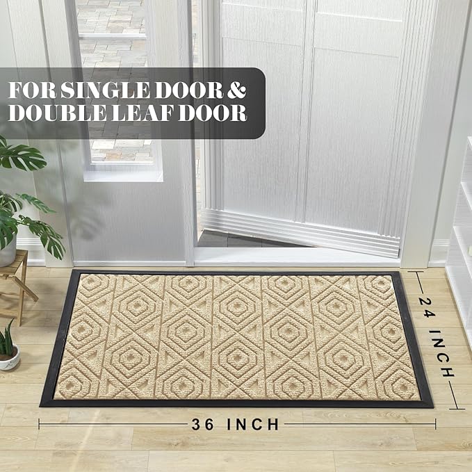 Yimobra Door Mat, Outdoor Indoor Entrance Welcome Mat, Heavy Entry Front Door Mat, Stain & Fade Resistant, Low Profile, Sturdy Rubber, Easy Clean Patio Floor Mat, Waterproof, 36 x 24, Light Beige